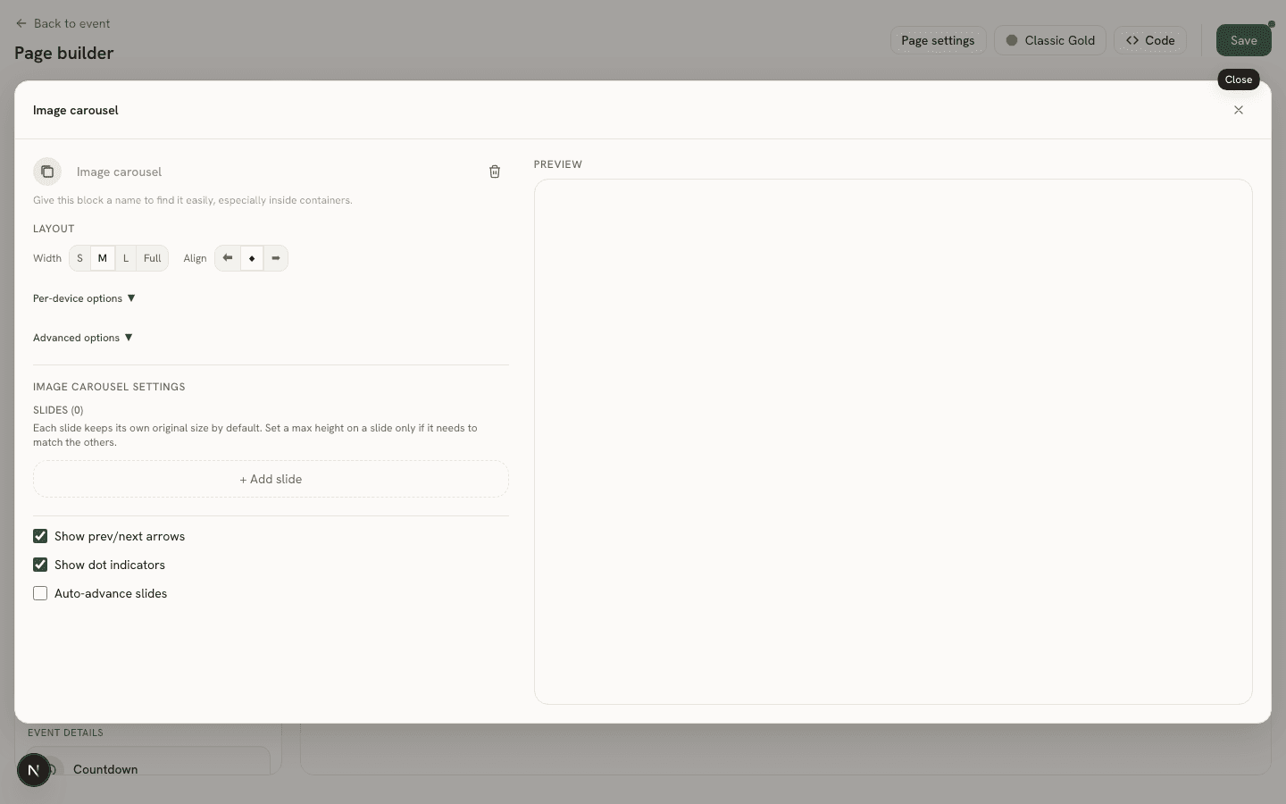 The Carousel block's Properties Panel with slide list, arrows, dots, and autoplay controls next to a live Preview pane