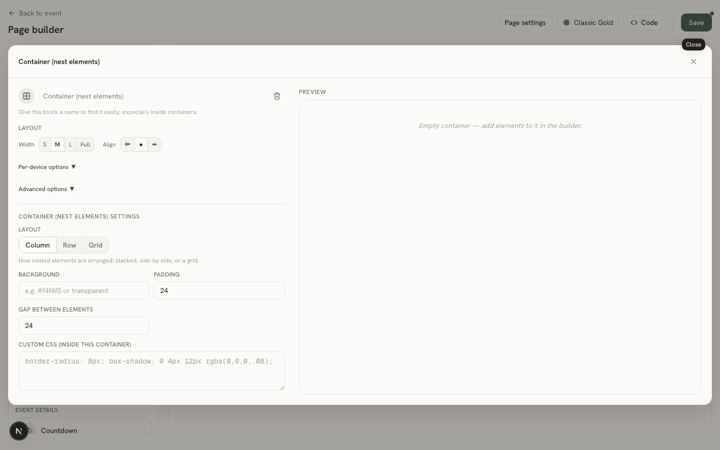 The Container block's Properties Panel with layout mode and spacing controls next to a live Preview pane