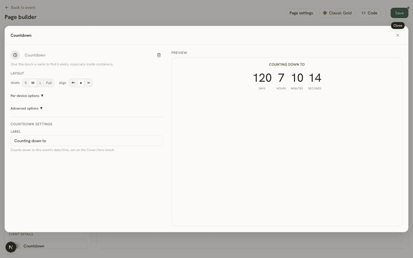 The Countdown block's Properties Panel with a label field next to a live Preview pane