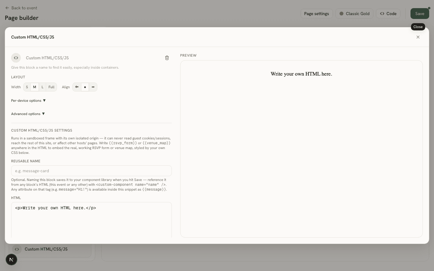 A Custom HTML block's properties panel with HTML, CSS, and JavaScript fields