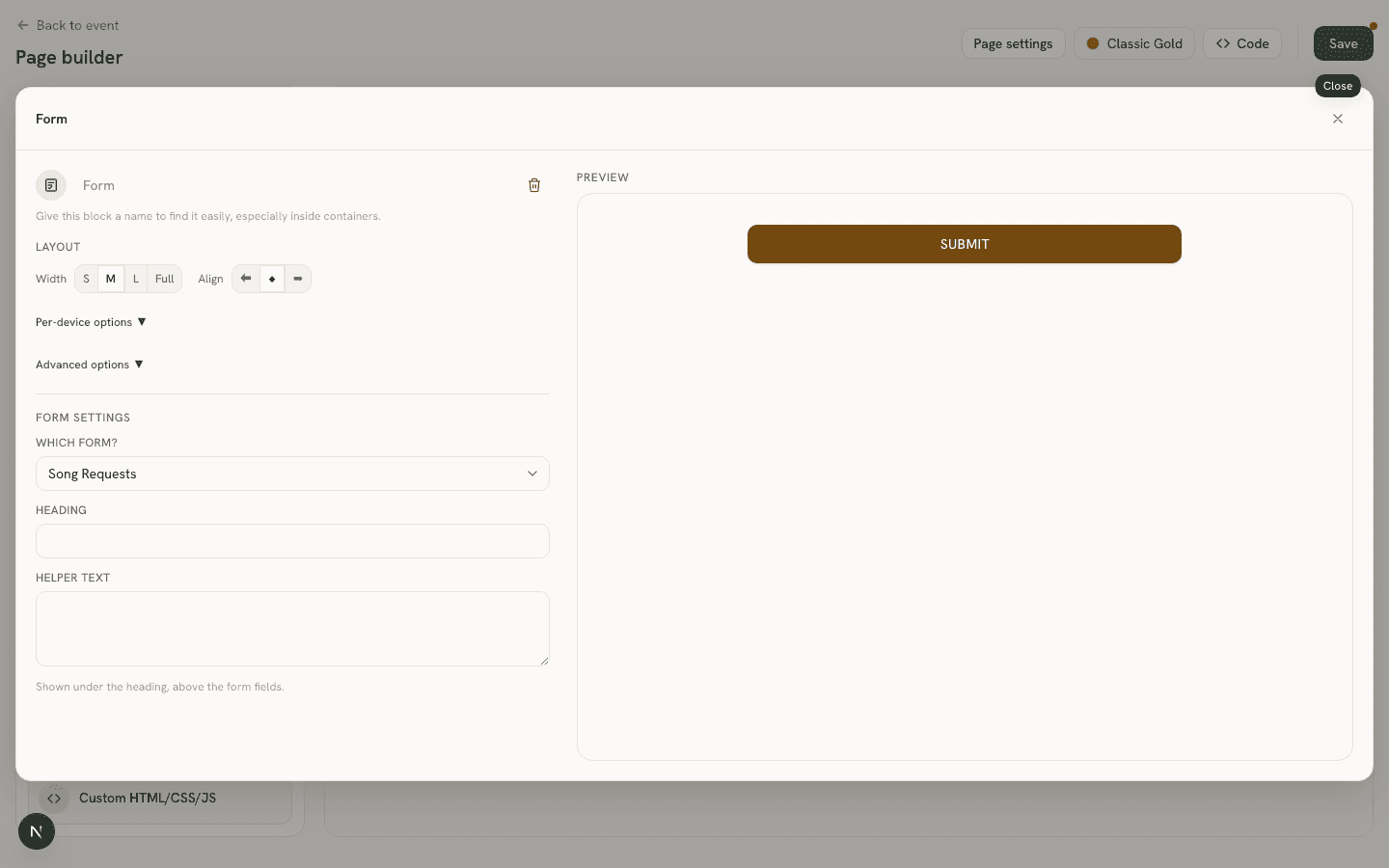 The Form block's Properties Panel with a form picker, heading, and helper text fields next to a live Preview pane