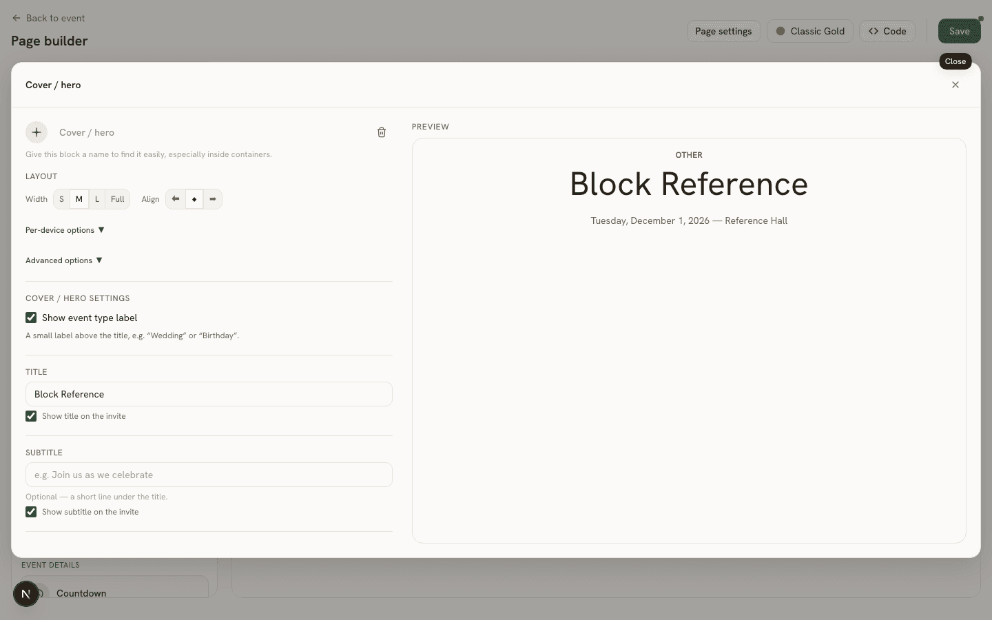 The Hero block's Properties Panel with show/hide toggles next to a live Preview pane
