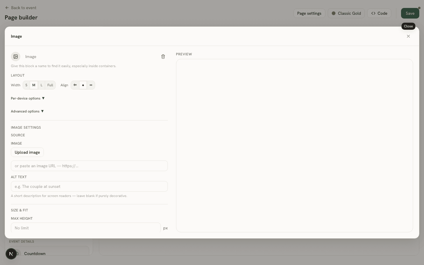 The Image block's Properties Panel with max height and fit fields next to a live Preview pane
