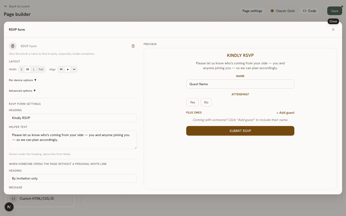 The RSVP form block's Properties Panel with heading and helper text fields next to a live Preview pane