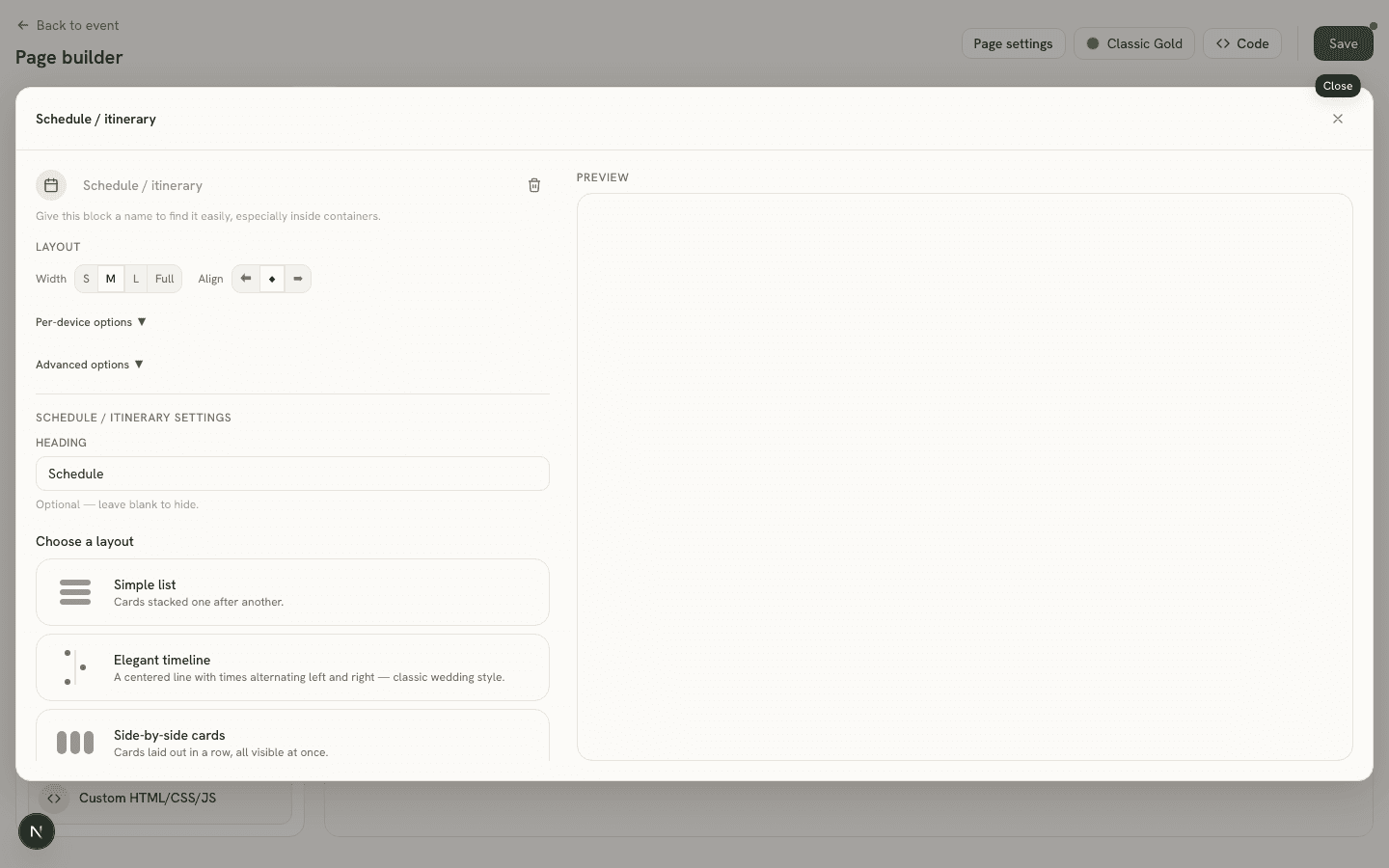 The Schedule block's Properties Panel showing layout presets and items next to a live Preview pane