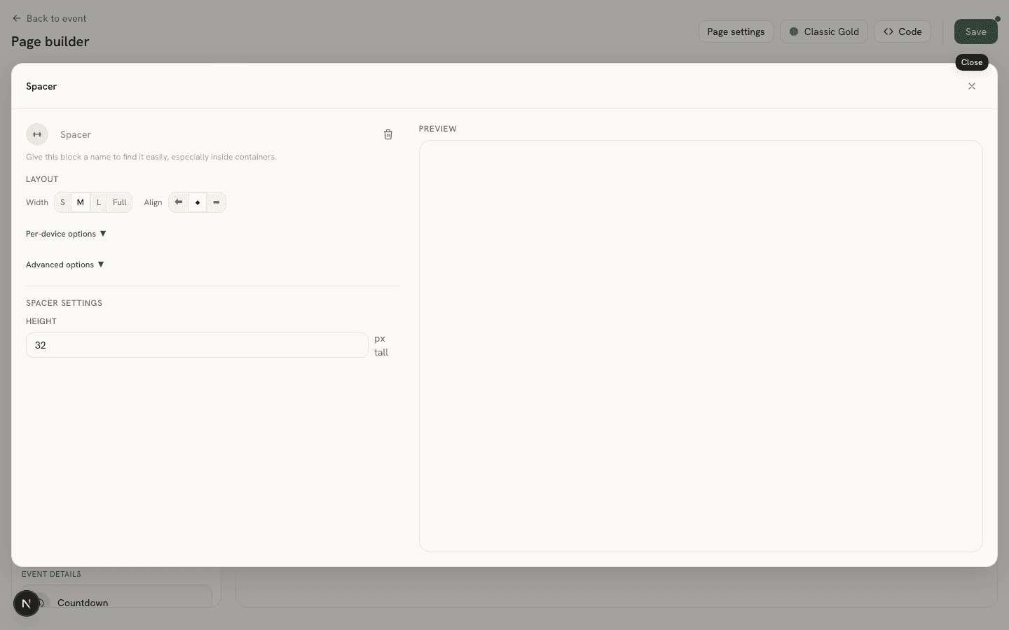 The Spacer block's Properties Panel with a height field next to a live Preview pane