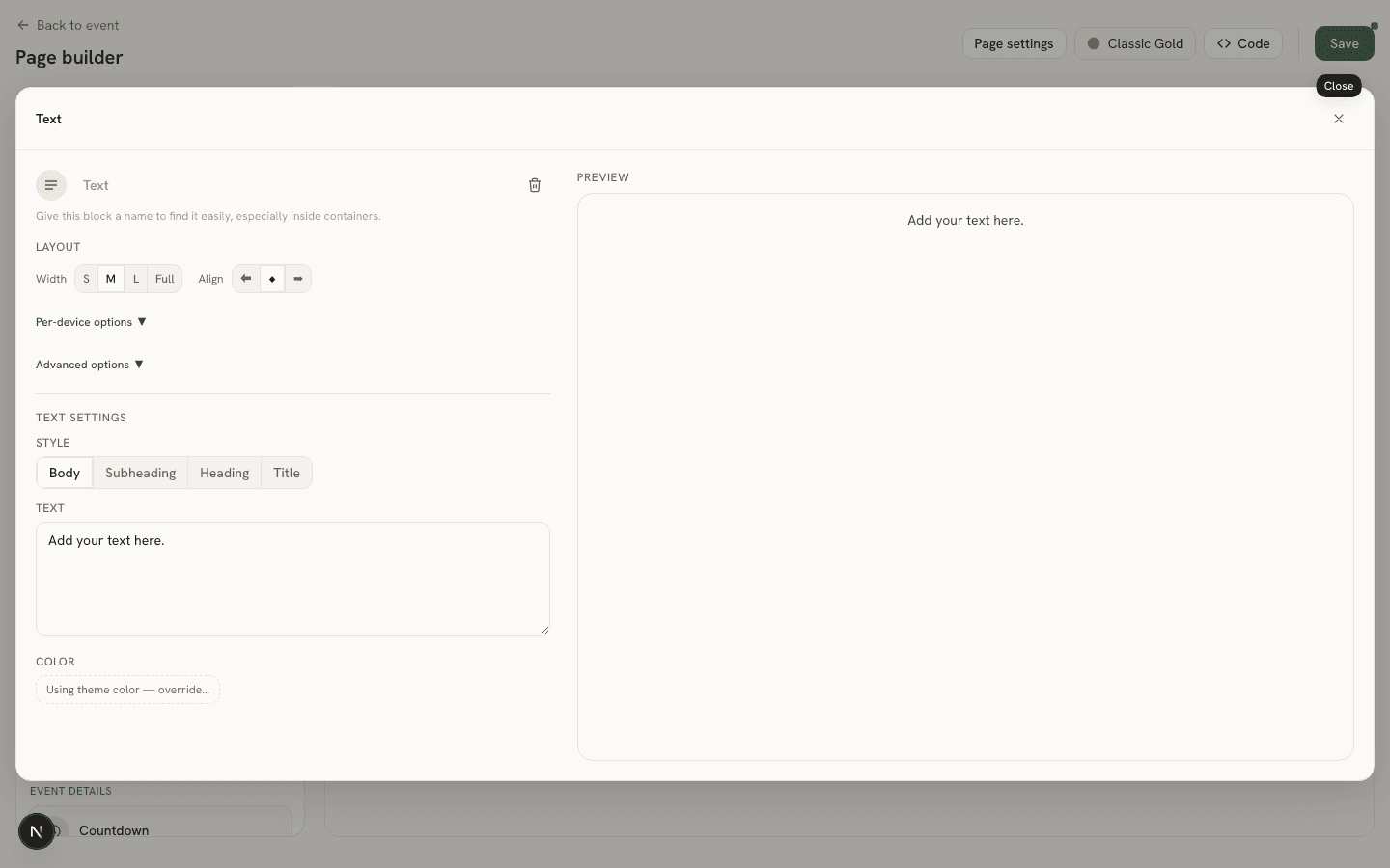 The Text block's Properties Panel with body, style, and color fields next to a live Preview pane