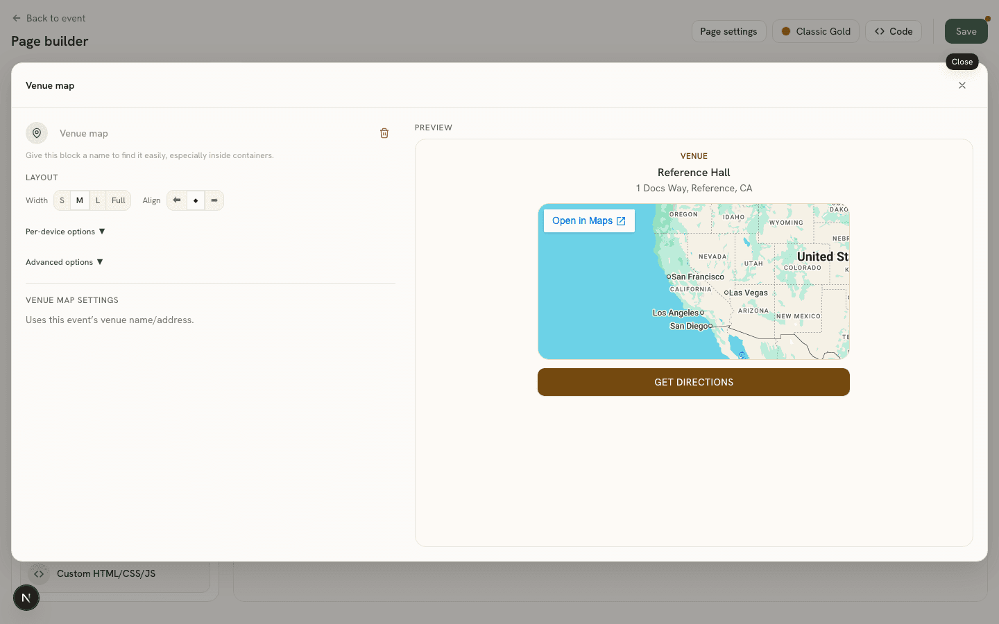 The Venue map block's empty Properties Panel next to a live Preview pane showing the rendered map