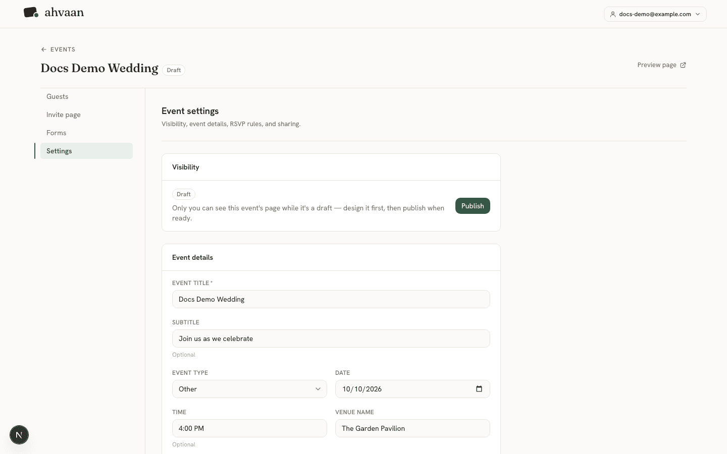 Event settings page showing the Draft badge and Publish button