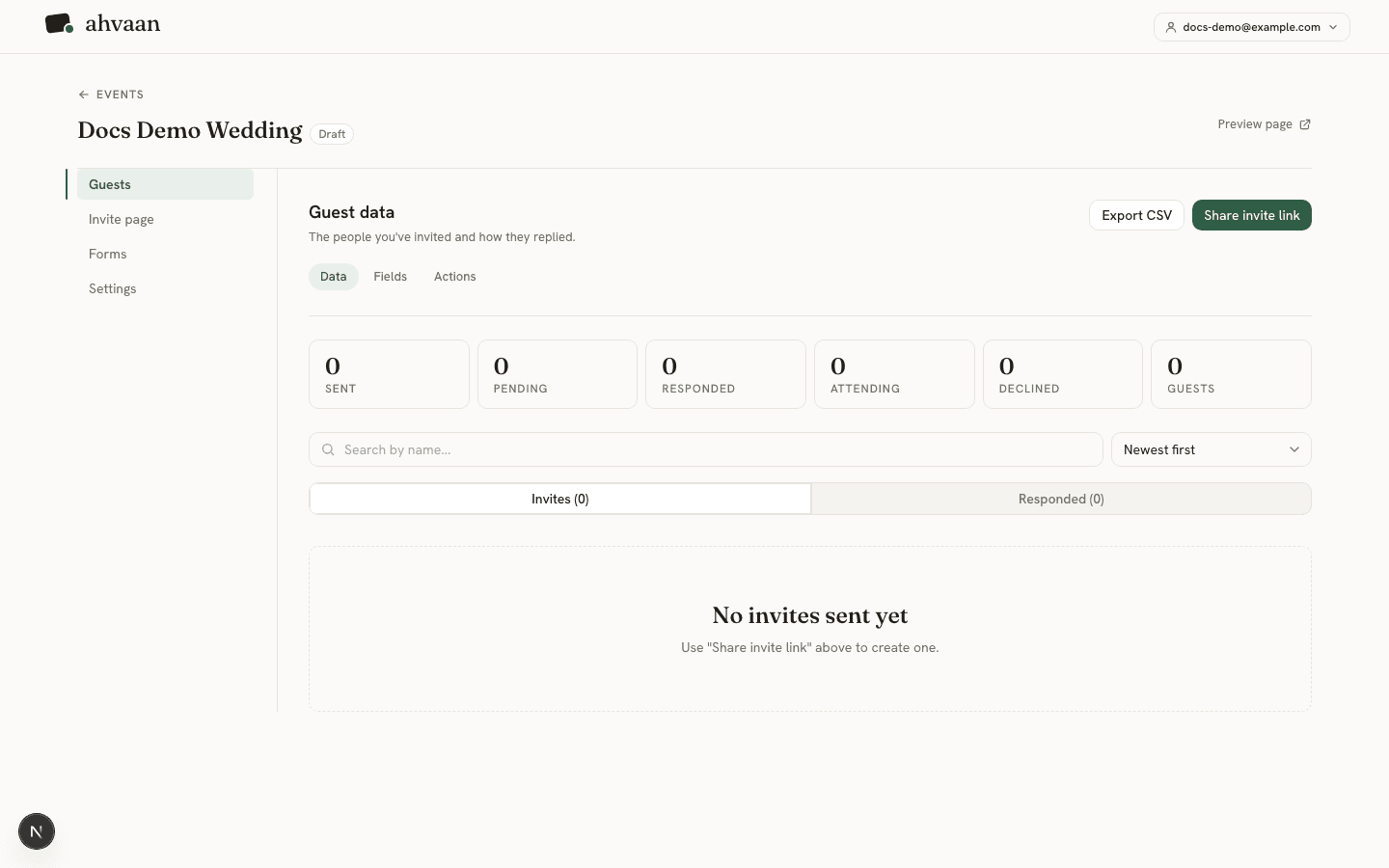 The guest dashboard showing invite stats and the guest list