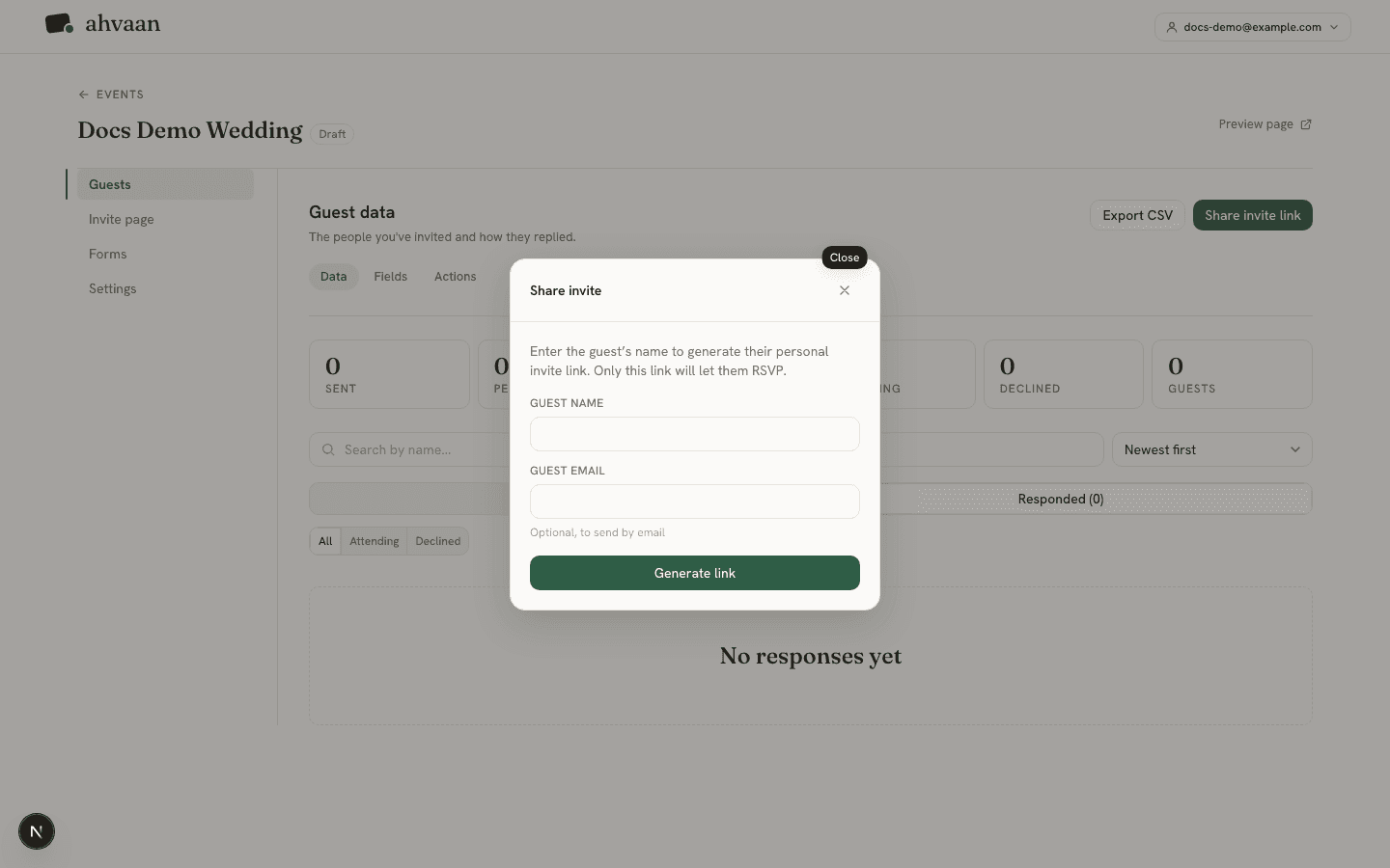 The share invite modal with the generated link and native share button