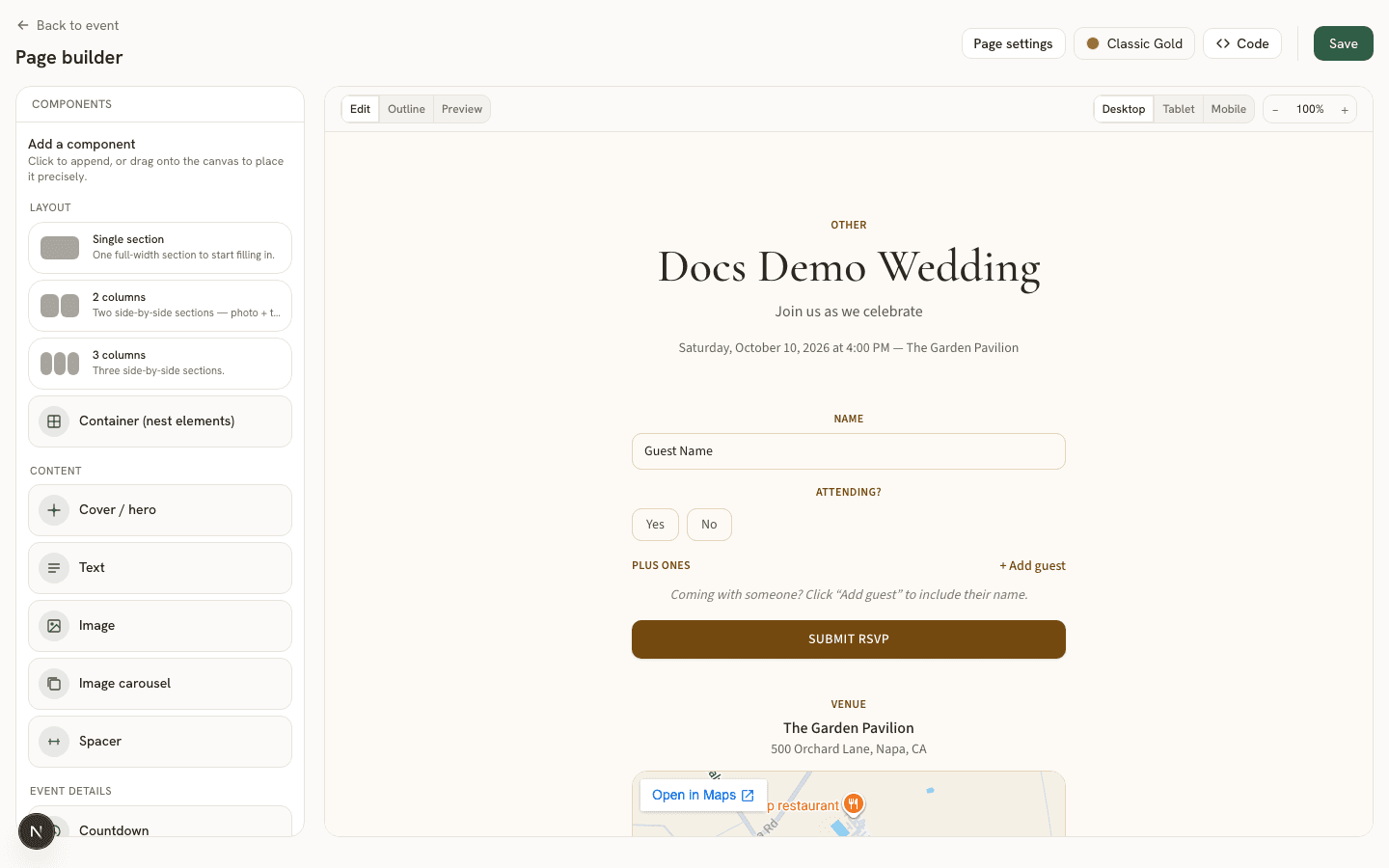 The page builder canvas with the component palette open