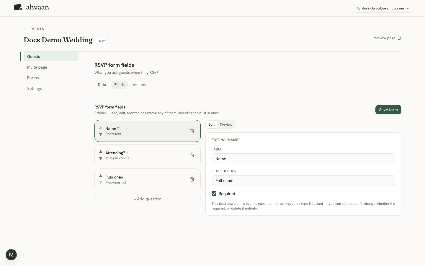 The RSVP form builder with the field list and a live preview