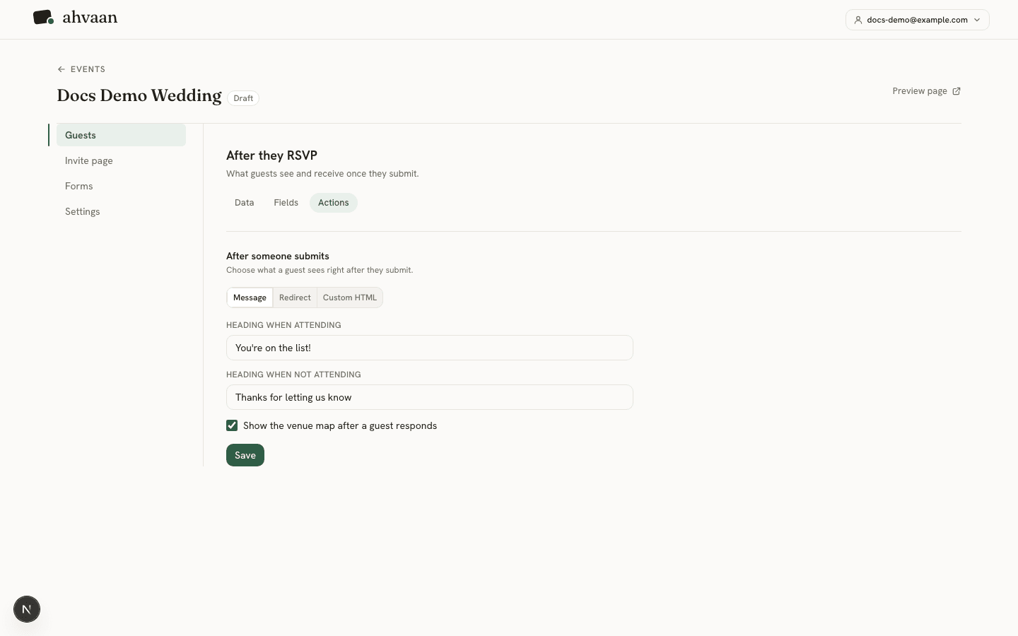 The Actions tab with message, redirect, and custom HTML options