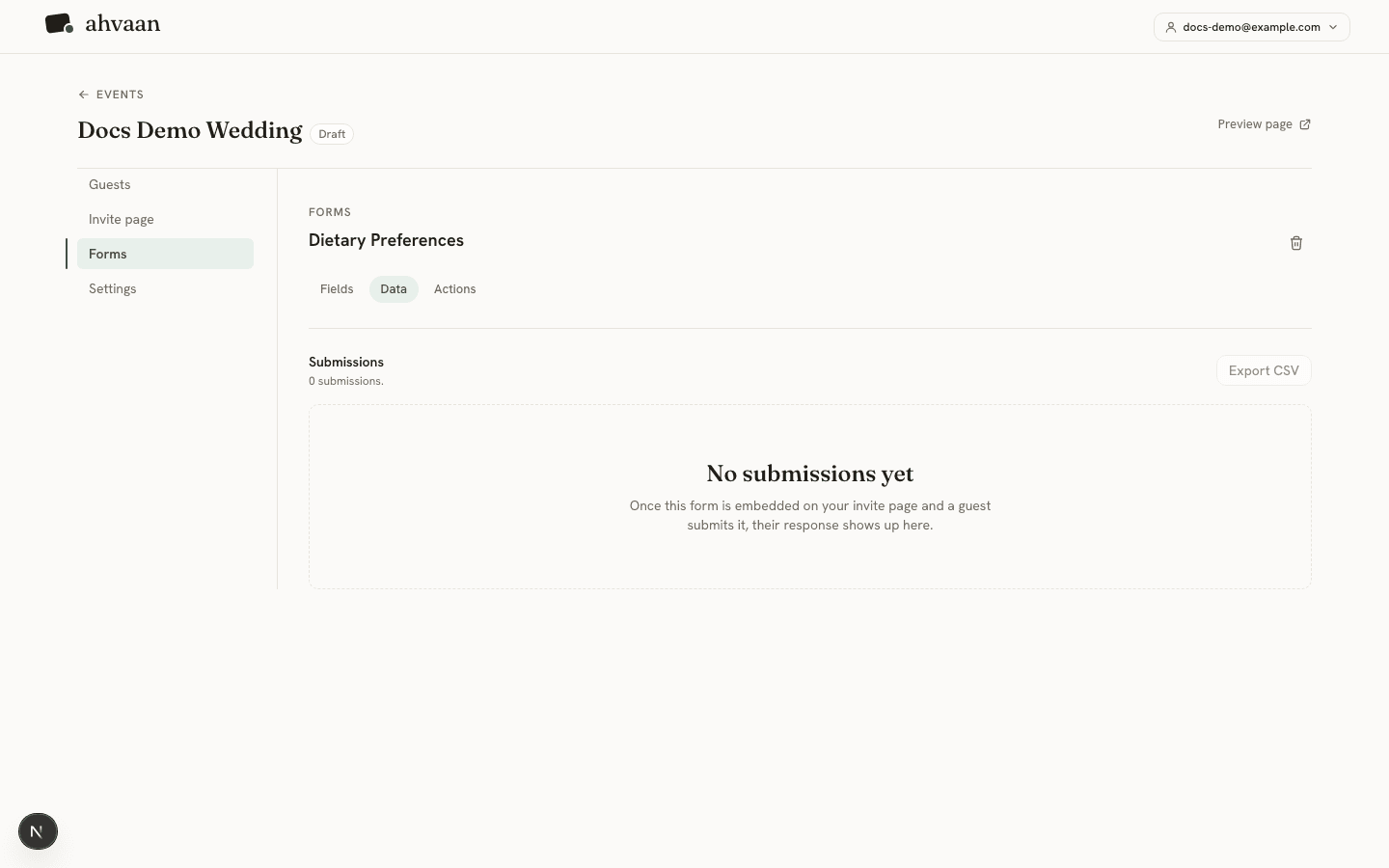 A custom form's Data tab showing a table of submissions