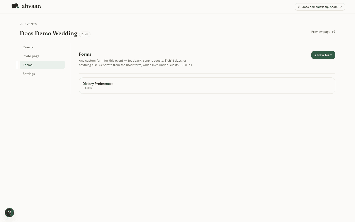 The Forms tab listing an event's saved custom forms
