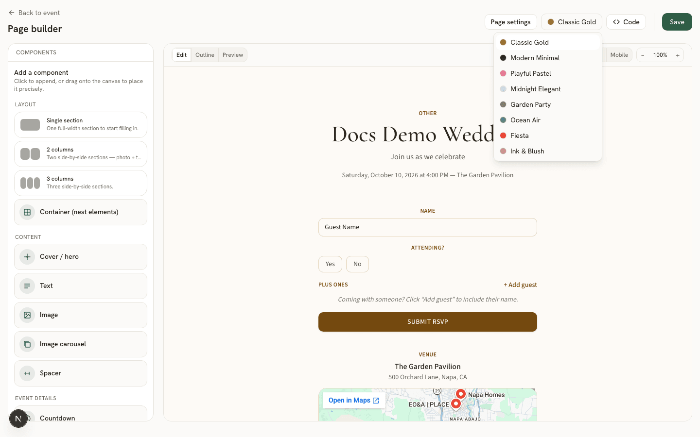 The theme picker showing preset color swatches and labels